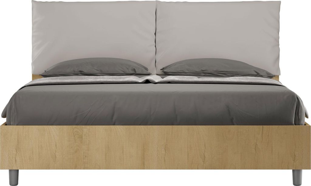 ITYHOME - Bett mit Bettkasten 160x190 Eiche Natur Kopfteilkissen mit Kunstlederbezug Taubengrau Egos Antea