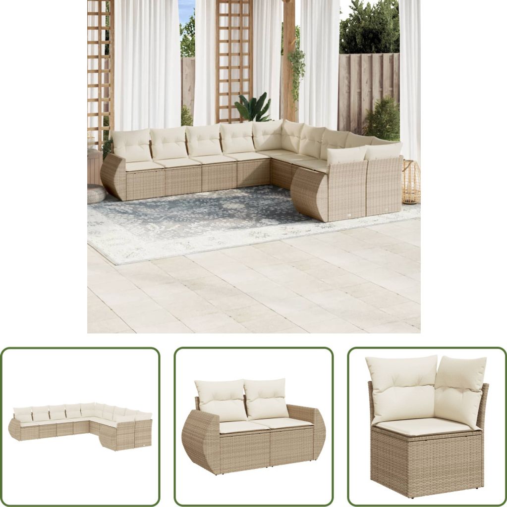 The Living Store 10-tlg. Garten-Sofagarnitur mit Kissen Beige Poly Rattan