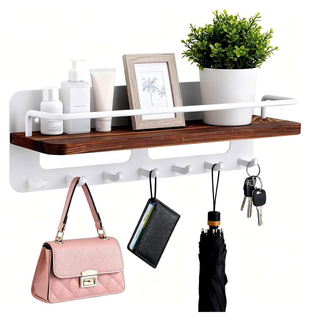 Schlüsselbrett mit Ablage und 7 Haken, Holz Schlüsselhalter zur Wandmontage ohne Bohren für Eingang, Flur, Wohnzimmer und Schlafzimmer