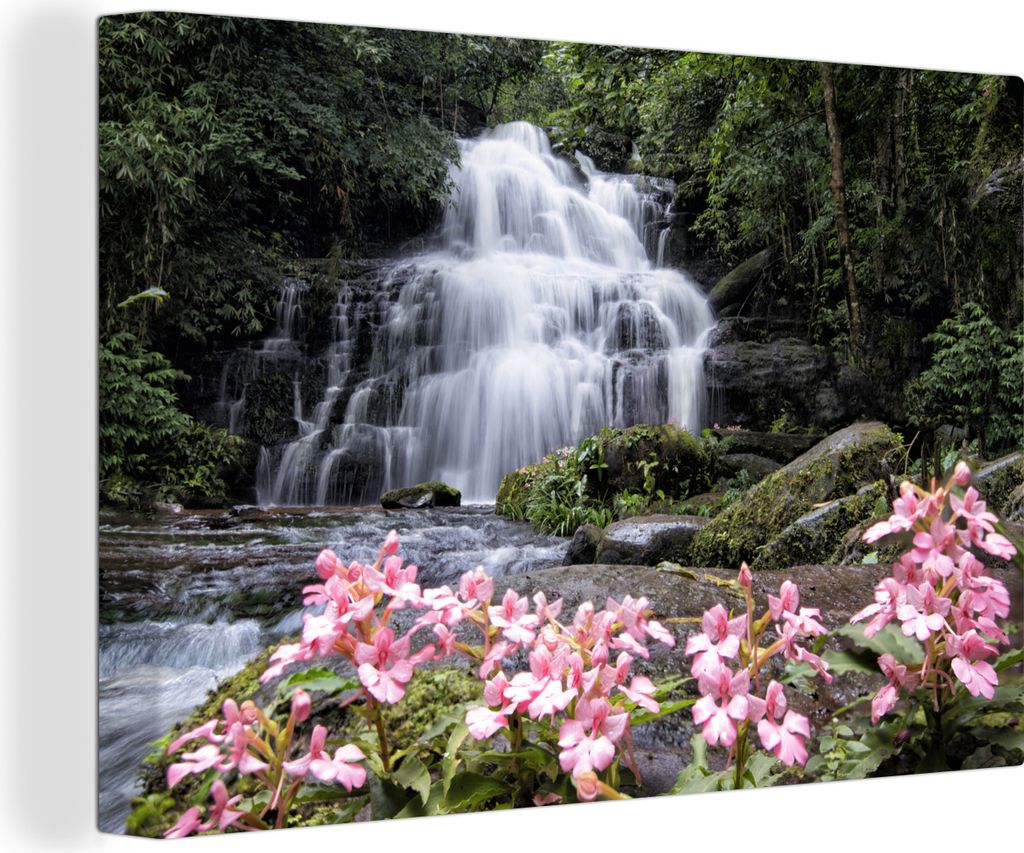 OneMillionCanvasses - Leinwandbilder - 140x90 cm, Rosa Löwenmäulchenblüten wachsen vor einem Wasserfall im Phu Hin Rong Kla-Nationalpark., Wan...
