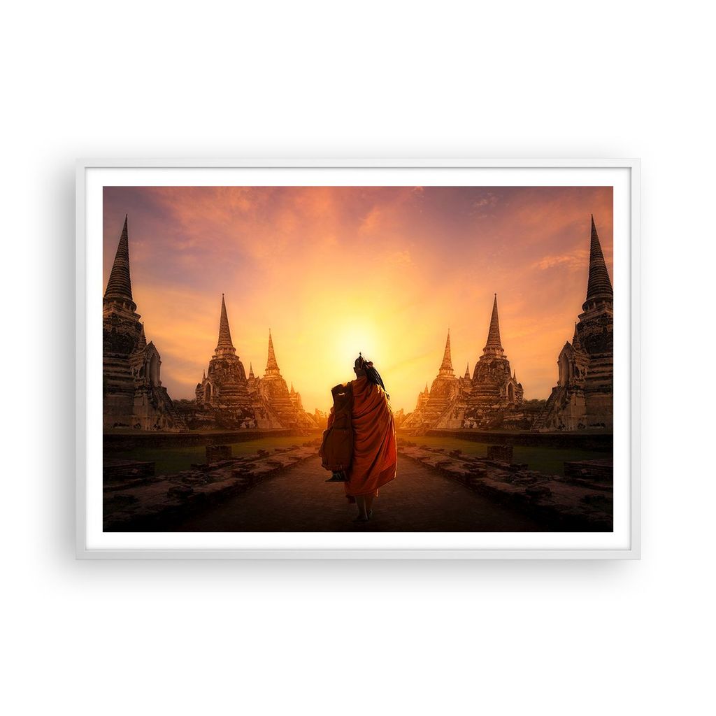 Gerahmtes Poster - Weißer Rahmen - Tempel Mönch - 100x70 cm - Wand Bild - Wanddeko - Wandbilder - Kunstposter - Wandposter - Bilderrahmen - Bilde...