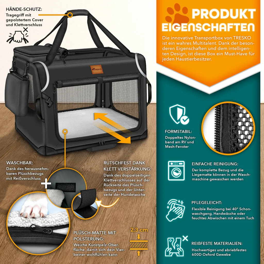 TRESKO® cassa per cani pieghevole nera (XXL 92x63x63cm) incl. tappetino per leccare, spatola e catarifrangenti | box di trasporto per cani e gatti | box di trasporto per cani di piccola e grande taglia | robusta borsa per cani - 2