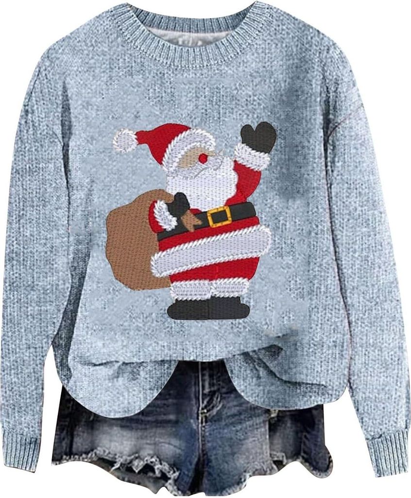 ASKSA Damen Lustige Weihnachtspullover Strickpullover Winter Rundhals Pulli Christmas Sweater Langarm Oberteile Warm Weihnachtspulli,C-Blau,M