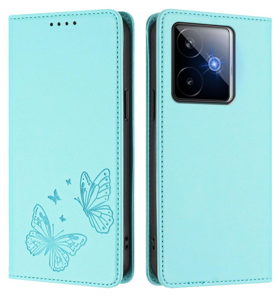Lederhülle für Realme GT 7, Schmetterling Prägung Leder Brieftasche Schutzhülle mit Ständer Türkis
