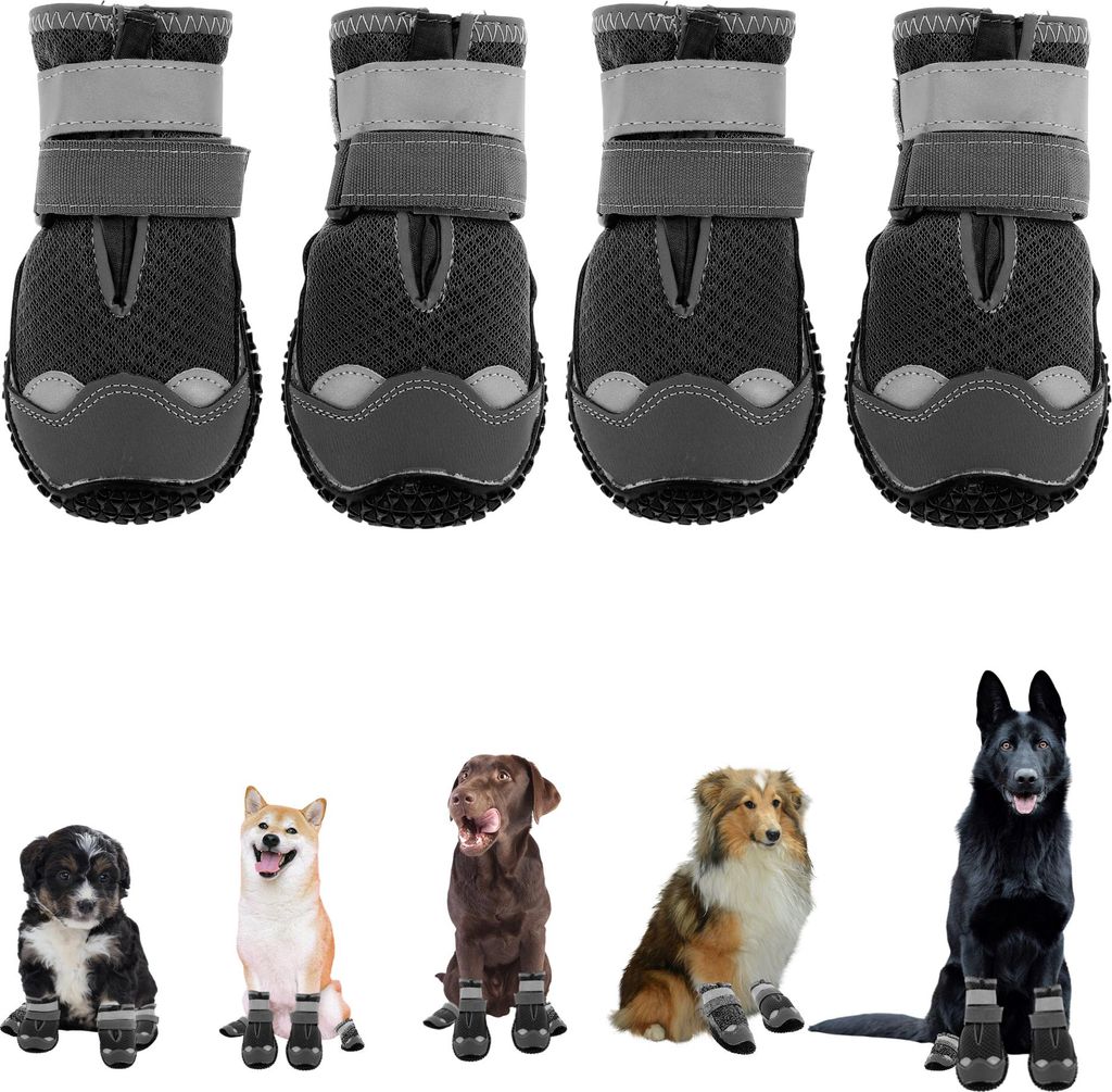 Hundeschuhe Pfotenschutz 4 Stück atmungsaktiv Hundeschuhe mit reflektierenden Bändern verstellbarem Klettverschluss für kleine mittlere große H...