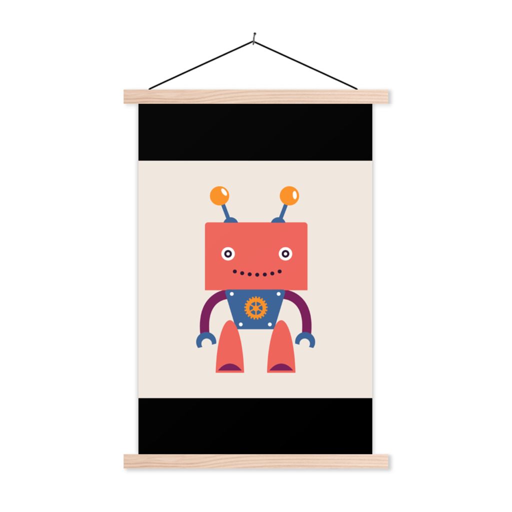 MuchoWow Textilposter Roboter - Getriebe - Gesicht - Antenne - Kinder - Jugendliche 120x180 cm mit holzfarbenen Rahmen - Textil-Plakat