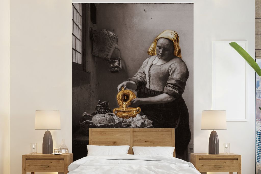 MuchoWow Fototapete für Wohnzimmer oder Schlafzimmer Wandtapete Vinyl Motivtapete Das Milchmädchen - Johannes Vermeer - Gold - 145x220 cm - Wan...