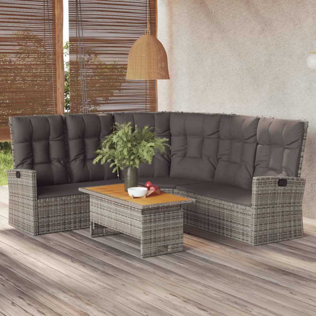 Möbel Ecksofa mit Liegefunktion und Kissen Grau Poly Rattan - Terrassen-Sofa 362182