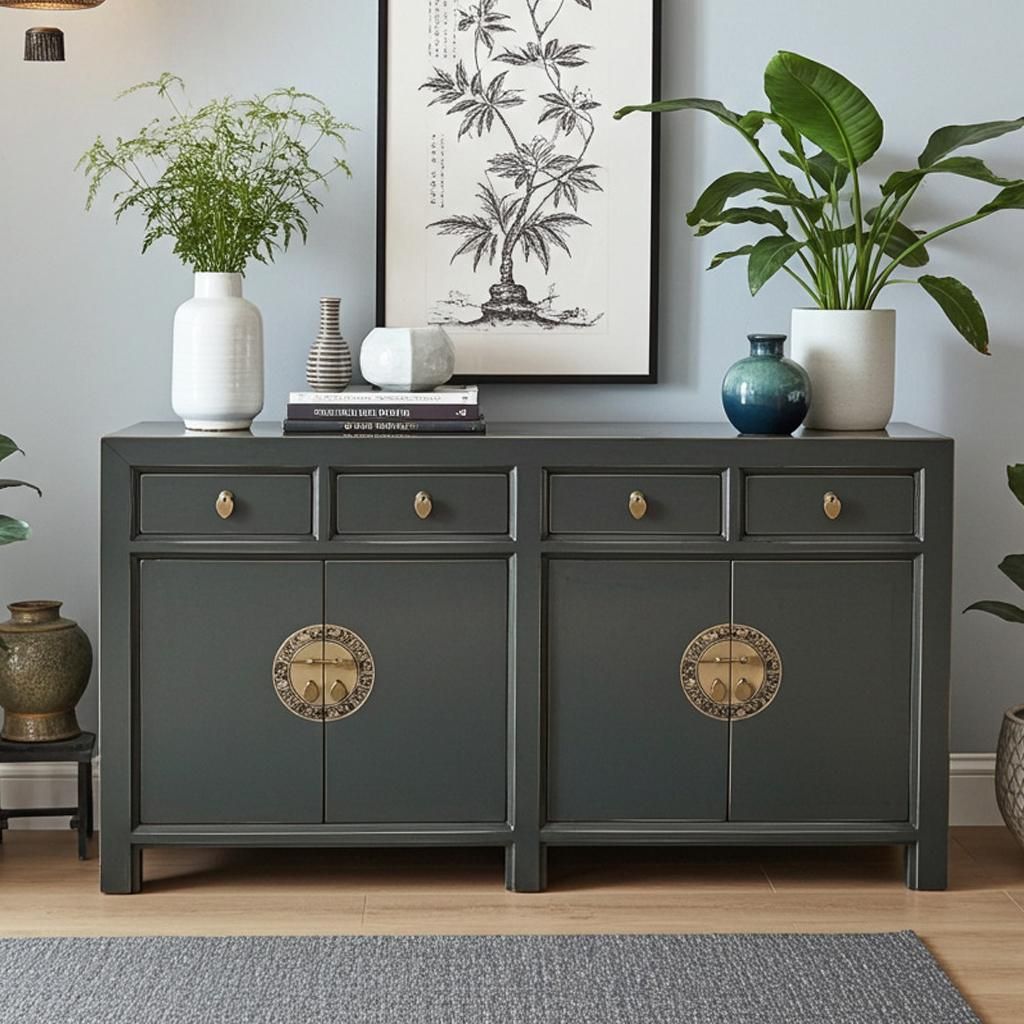 Sideboard Kommode Schrank Anrichte Büffet Asia Möbel aus Holz dunkelgrau chinesisch asiatisch orientalisch Vintage Stil komplett montiert