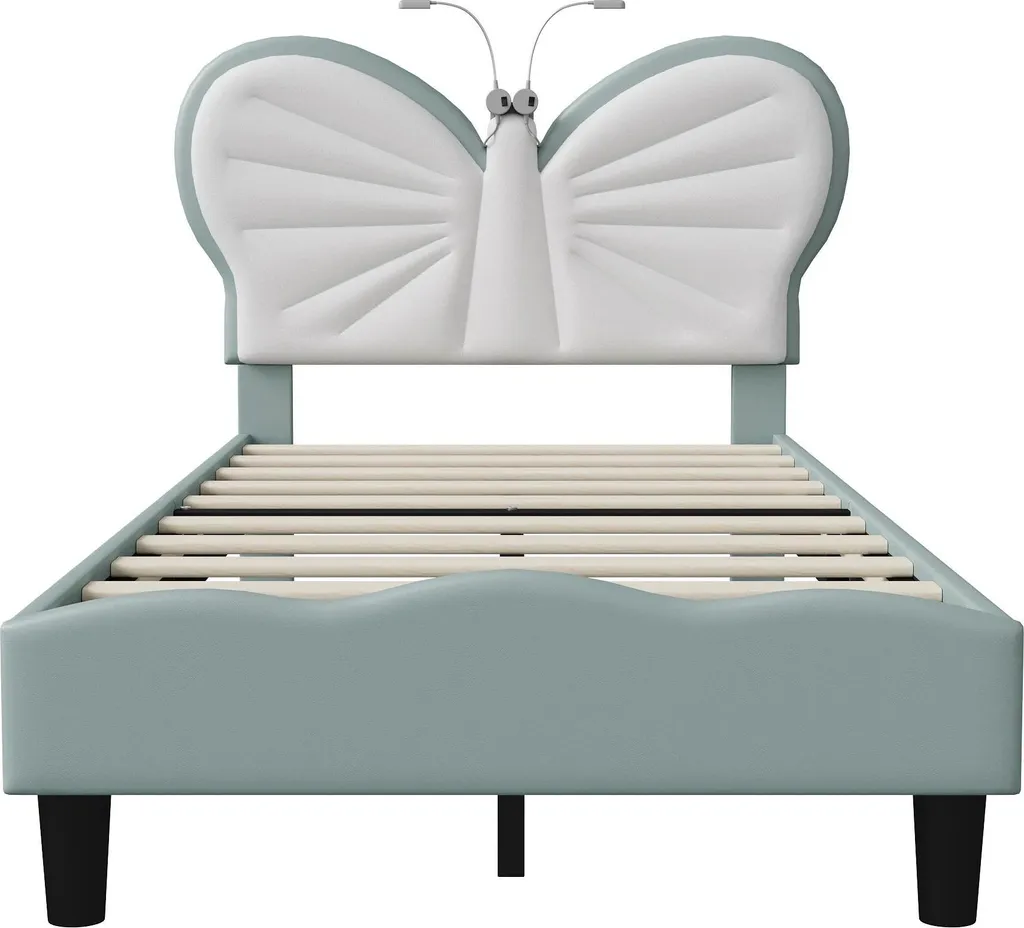 Lit simple 90x200 cm rembourré bleu pour chambre enfant avec lattes