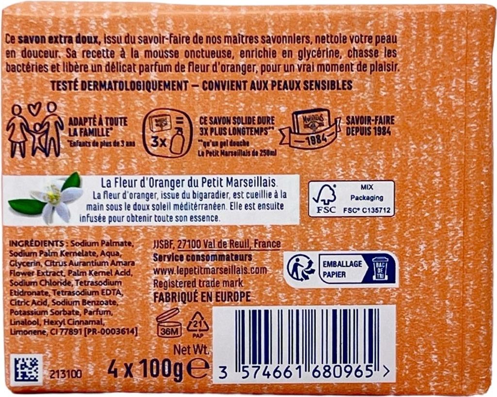 Le Petit Marseillais Feste Geißblatt-Seife – Antibakteriell, 4 X 100 G, Mit Pflanzlichen Ölen & Glycerin