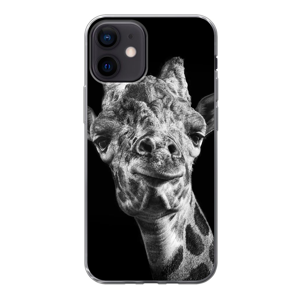 MuchoWow Handyhülle Schutzhülle Hülle für iPhone 12 Giraffe vor schwarzem Hintergrund in schwarz und weiß Silikon Softcase Handy Hülle - Sc...