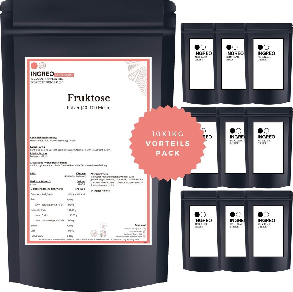 Fruktose  Pulver (40-100 Mesh) – 10kg (10X1kg) Produktbild 