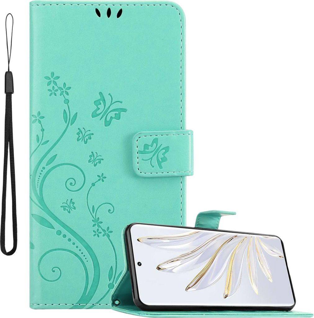 Cadorabo Hülle für Honor 70 in FLORAL TÜRKIS Schutzhülle im Blumen Design mit Magnetverschluss, Standfunktion und Kartenfächern Flip Case Flow...