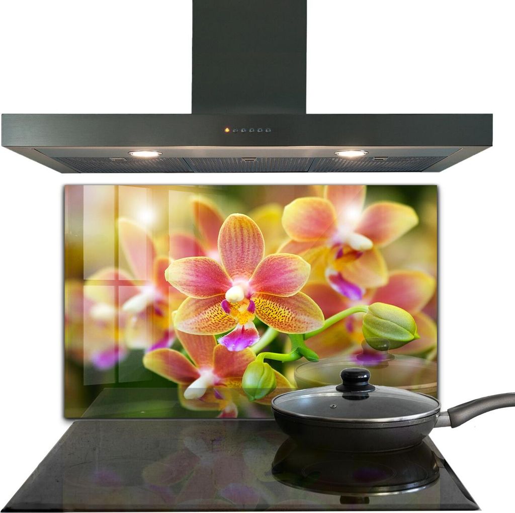 Spritzschutz aus Glas Küchenrückwand - Wandschutz für Herd und Spüle - 100x70 cm - Orangefarbene Orchidee