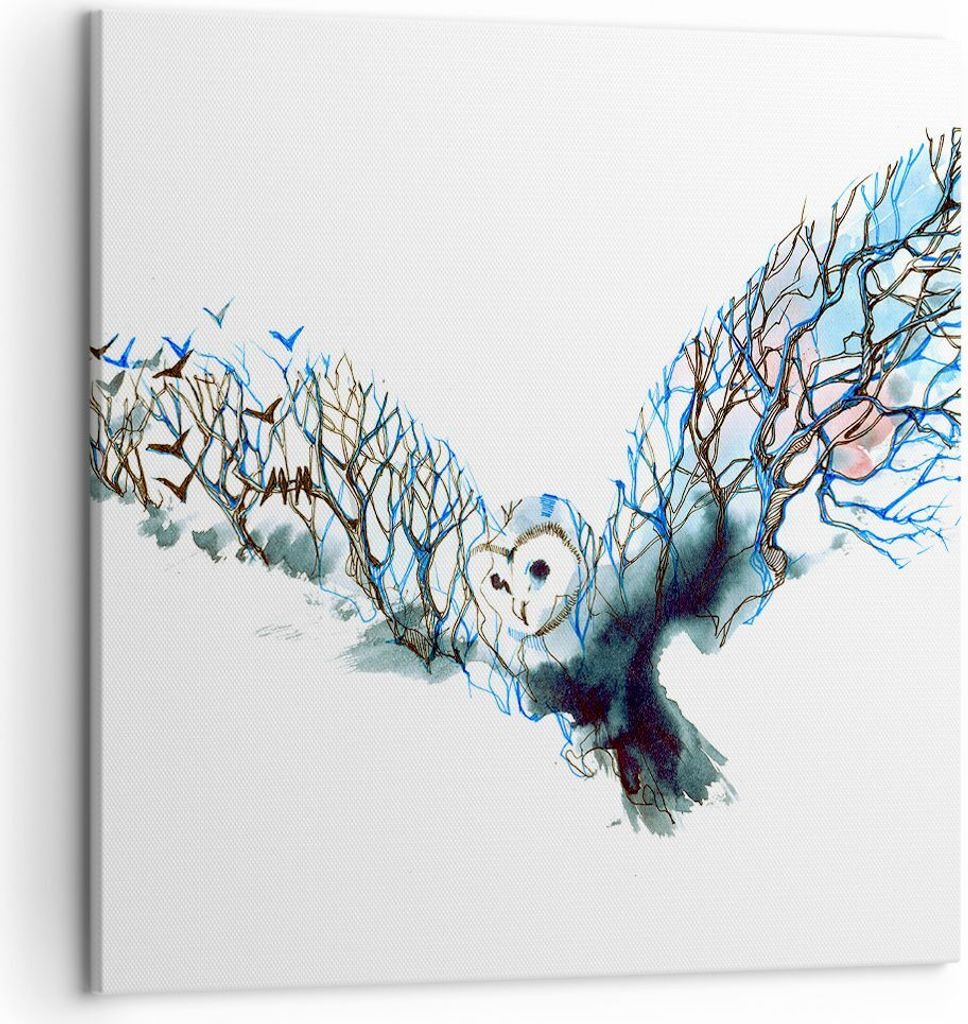 Bild auf Leinwand - Leinwandbild - Eule wild Wald Flug - 50x50cm - Wand Bild - Wanddeko - Wandbilder - Leinwanddruck - Bilder - Kunstdruck - Wandde...