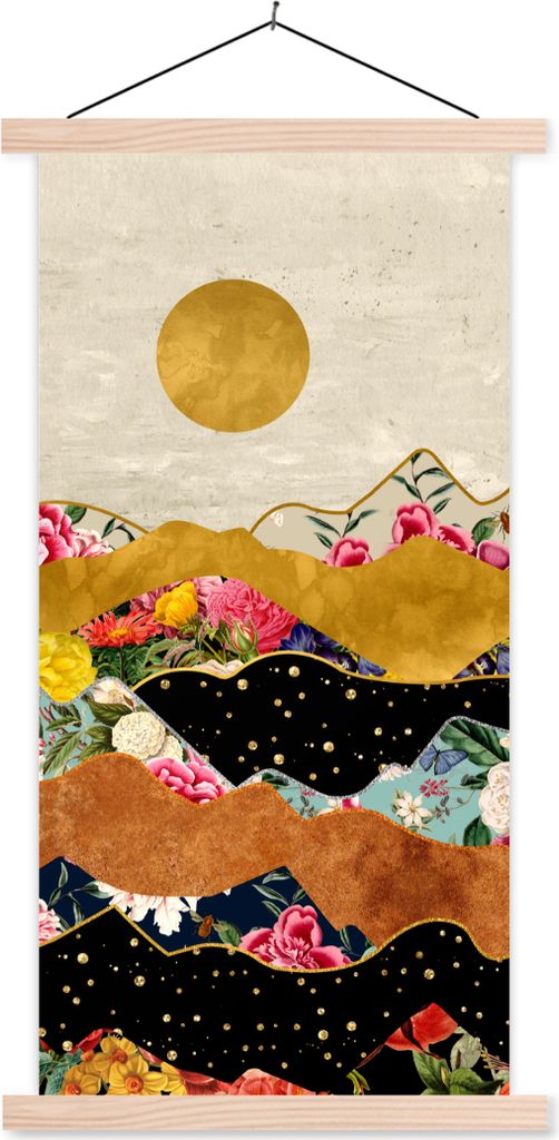 MuchoWow Textilposter Gold - Blumen - Druck - Abstrakt - Landschaft - Muster 60x120 cm mit holzfarbenen Rahmen - Holz