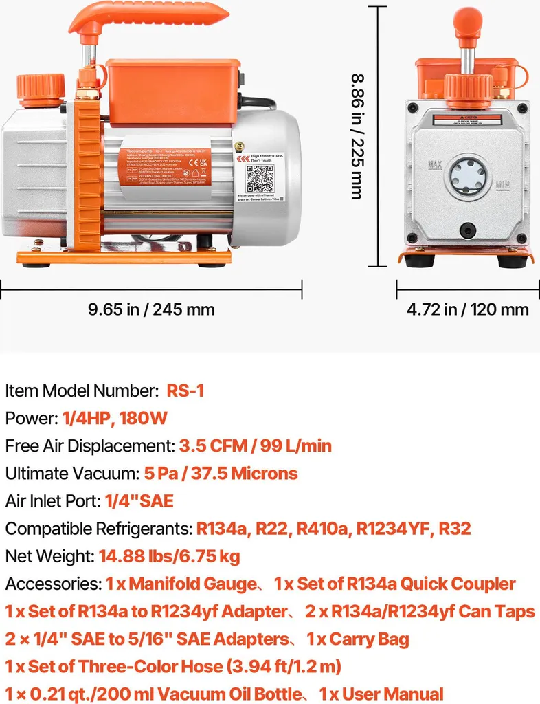 SucceBuy pompa per vuoto con manometro, 3,5 CFM 99 L/min, 180 W, pompa rotativa a palette a 1 stadio, kit pompa per vuoto per R134a, R22, R410a, R1234YF e R32, compresa la borsa per il trasporto per gli impianti di condizionamento dell'automobile - 7