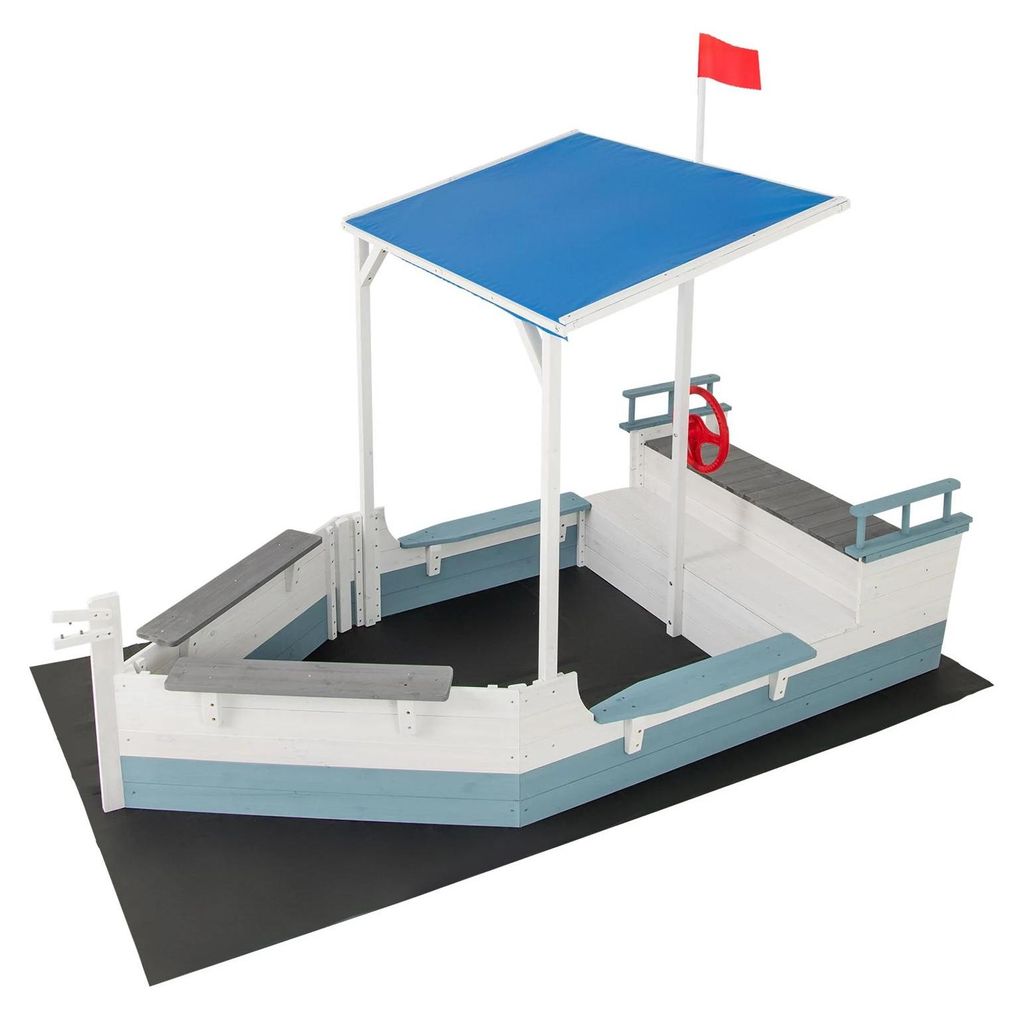 Kindersandkasten - Piratenschiff aus Holz - Mit Dach - Steuerrad & Fahnenmast - Bank - Für draußen - 3–6 Jahre - Mehrfarbig
