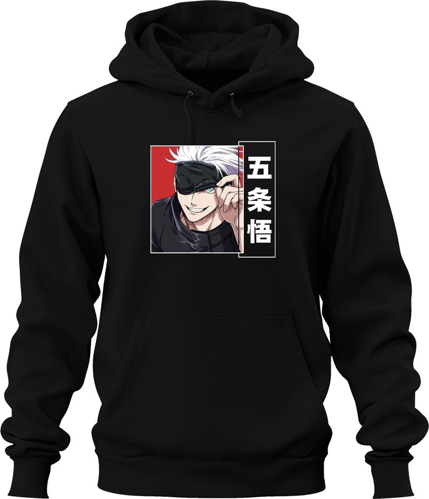Jujutsu Kaisen Gojo Satoru 五条悟 Anime Ästhetik Augenbinde weißes Haar Uni Hoodie Kapuzenpullover, Schwarz, XL