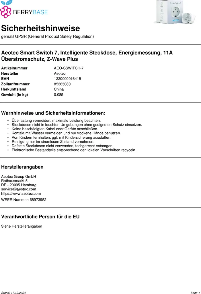 Prise Intelligente Z-Wave Aeotec Smart Switch 7 - Prise Connectée Blanche - 10