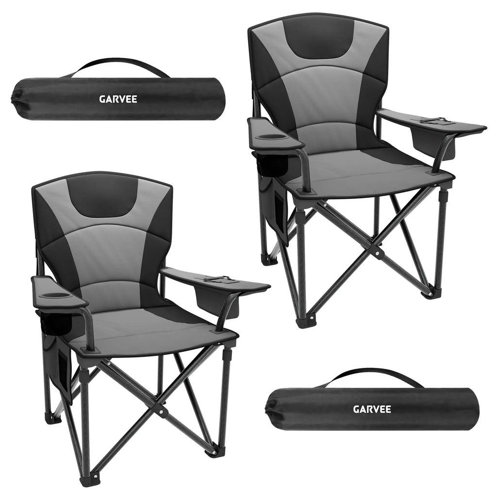 Campingstühle 2er Set - Faltbarer Strand- und Campingstuhl - Bis 200 kg belastbar - Mit Kühltasche Seitentaschen und Becherhalter - Grau