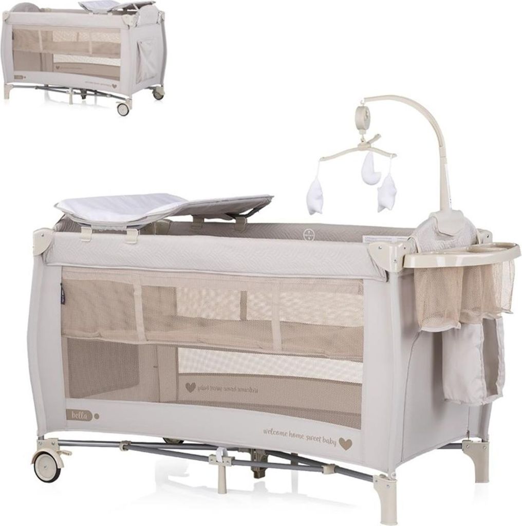 Chipolino Reisebett Bella, seitlicher Eingang, Moskitoschutz, Wickelauflage weiß beige