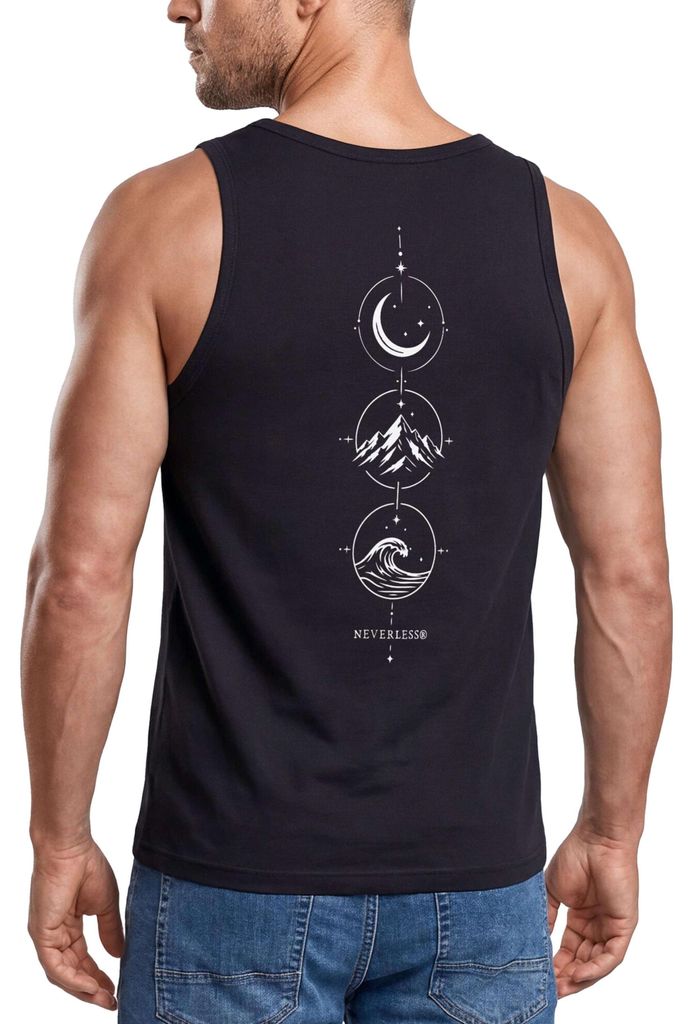 Tanktop Herren mit Grafik-Print - Berg Mond Welle - Trägershirt Baumwolle Sommer Sport Streetwear Neverless