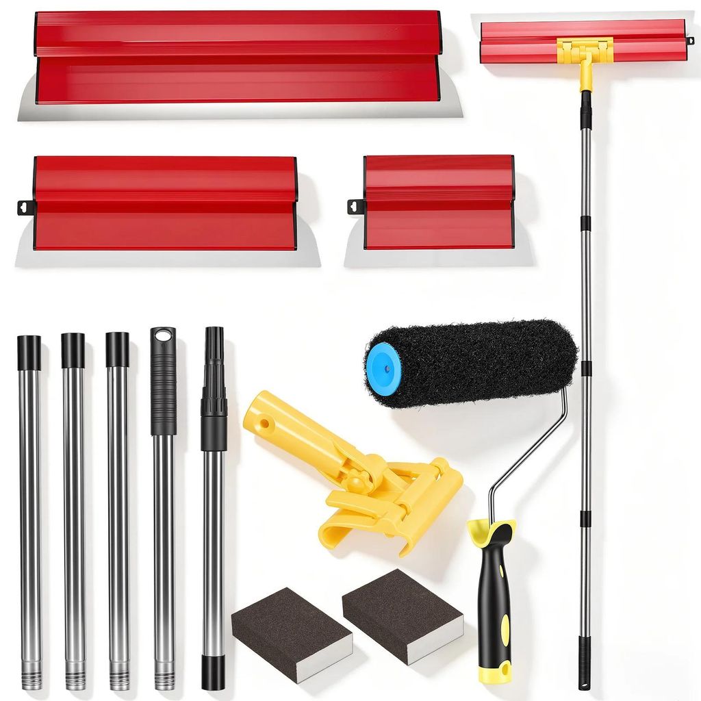 Trockenbau Flächenspachtel Set - Skimming Blade mit Teleskopstange - 25/40/60 cm - Breite Edelstahlklingen - Für Wände, Decken und Ecken - Rot