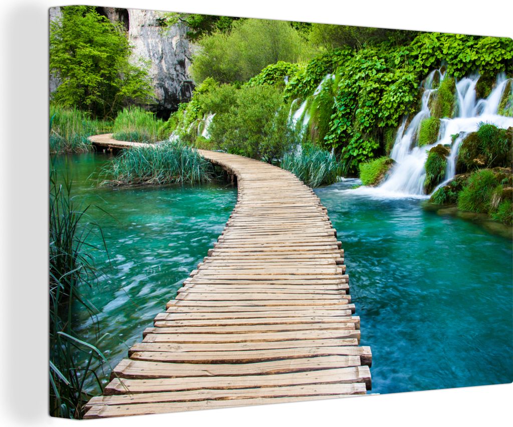 OneMillionCanvasses - Leinwandbilder - 140x90 cm, Brücke - Wasser - Pflanzen - Wasserfall - Grün, Wandbilder Kunstdruck Wanddekoration - Foto a...