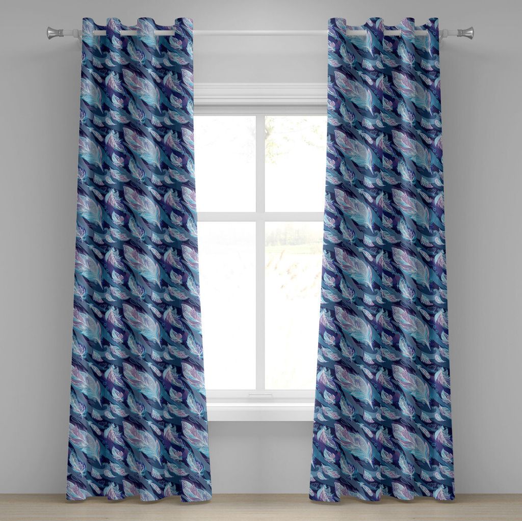ABAKUHAUS Indigo Ösenvorhang, Asiatisches Paisley-Design mit Federn und gewelltem Blumendruck, Dekorative 2-Panel-Fenstervorhänge, 280 cm x 175 c...