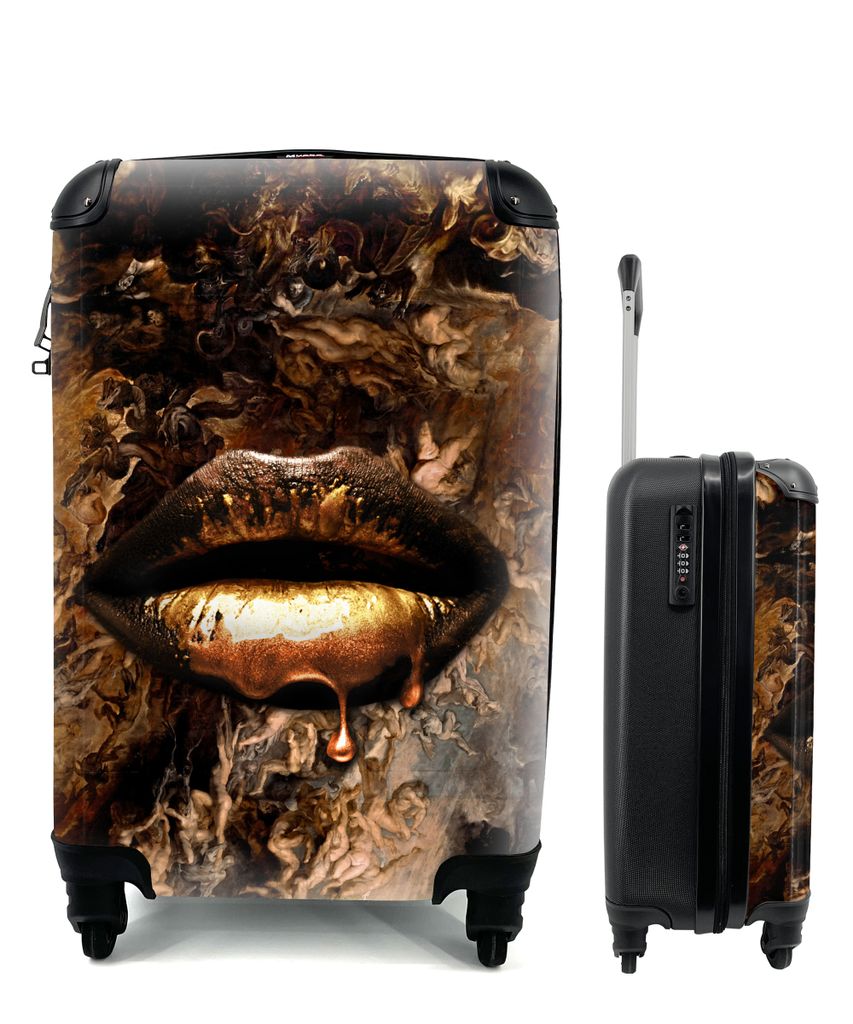 MuchoWow Koffer Handgepäck Trolley Rollkoffer Kleine Reisekoffer mit 4 Rollen - Gold - Lippen - Luxus - Cabin Size < 55x40x23 cm & 55x40x20 cm -...