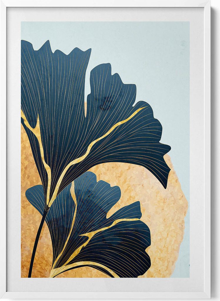 Illustration von Ginkgoblättern mit goldener Sonne– Wandbild mit Rahmen – Gerahmtes Bild – Wanddekoration – 70x100 cm – Weiß Rahmen