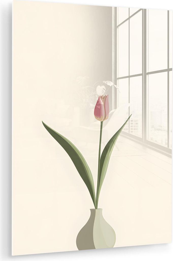 MuchoWow Glasbilder - Bilder auf Wandbild - Foto auf Glas Tulpe - Vase - Beige 60x80 cm Wanddekoration aus Glas - Acrylglasbild - Acrylbilder - Foto