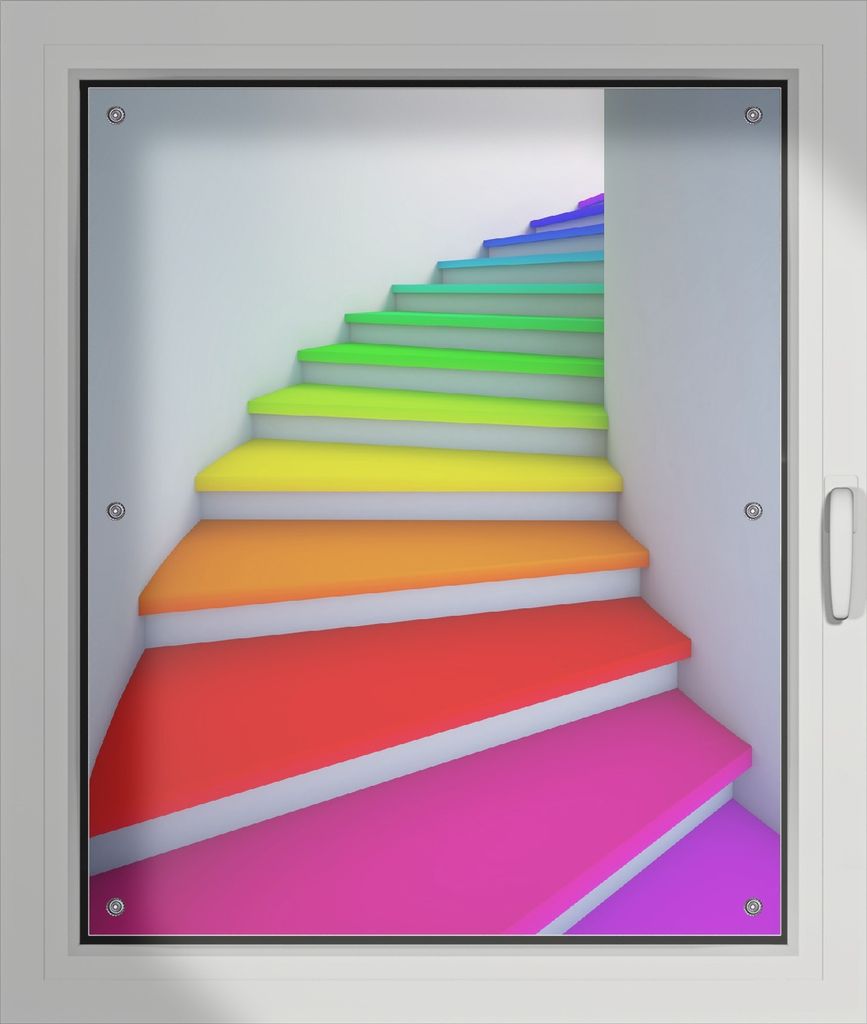 Wallario Lichtschutzbild, Dekorativer Sichtschutz Sonnenschutz 76 x 93 cm mit Motiv: Bunte Treppe - Verdunklung ohne Bohren