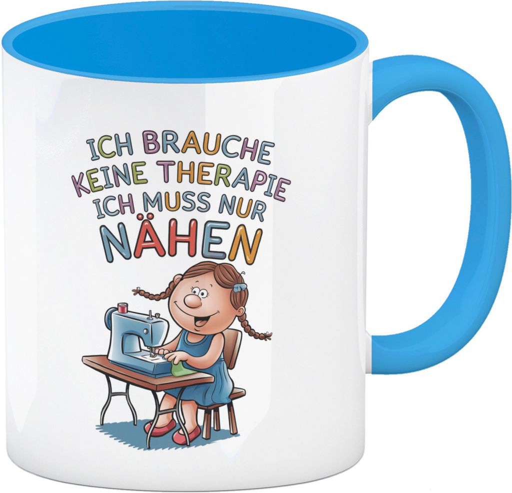 Cartoon Mädchen mit Nähmaschine Nähen statt Therapie Kaffeebecher in hellblau