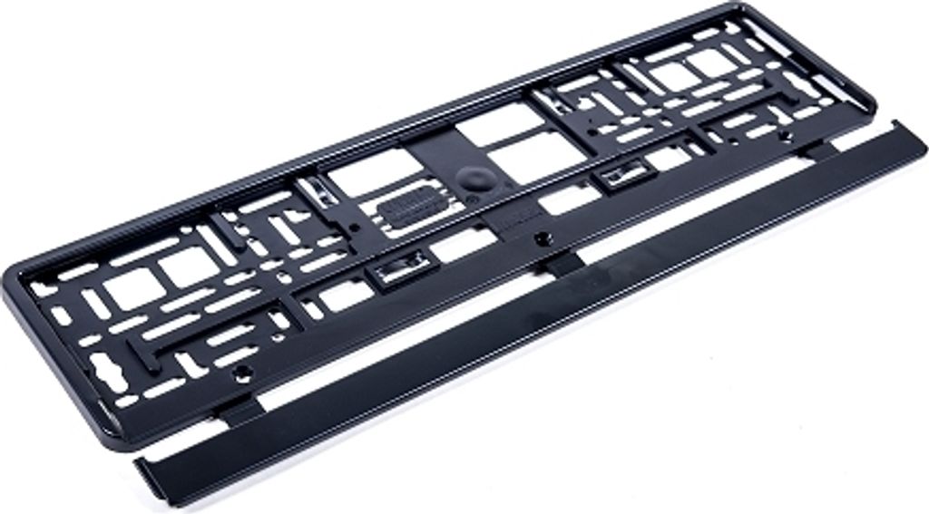 A black license plate holder is shown against a white background.