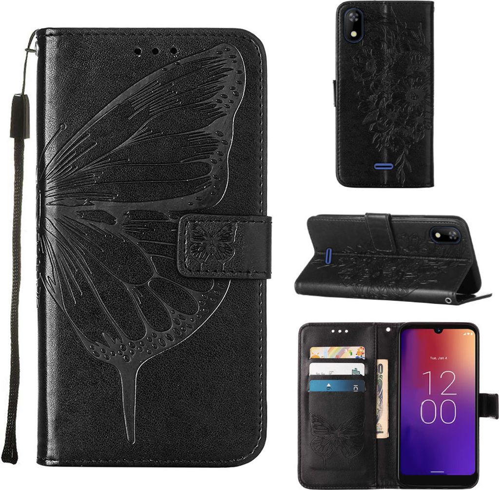 Moxee M2160 Hülle, Schmetterling Prägung Flip Leder Kartenfächer Schutzhülle Ledertasche mit Ständer für Moxee M2160 Schwarz