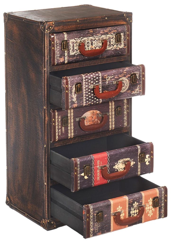 A vintage-style chest of drawers designed to look like stacked suitcases.
