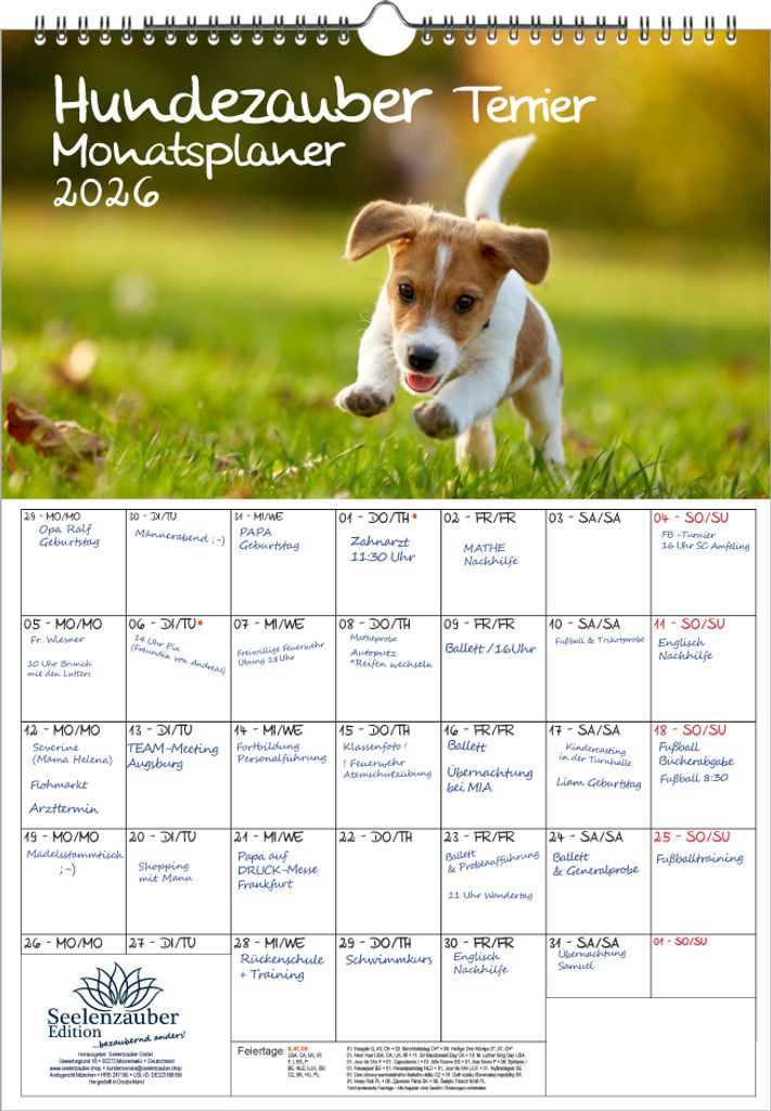 Hundezauber Terrier Planer DIN A3 Kalender für 2026 Welpen und Hunde - Seelenzauber