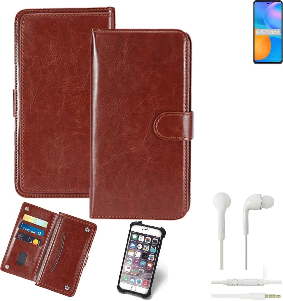 K-S-Trade 360° Hülle kompatibel mit Huawei Y7a inkl. Headphones braun Kunstleder Case BookCase WalletCase Kunstlederederhülle Handyhülle,