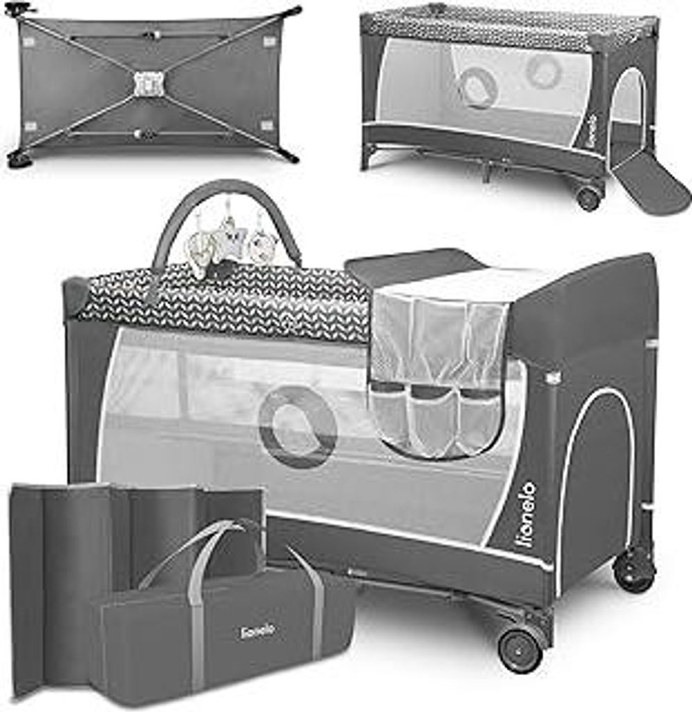 Lionelo Flower 4in1 Reisebett Baby mit Seiteneingang, Wickeltisch, Zwei Matratzenaufhängungshöhen, Spielzeugbogen mit Spielfiguren, Rollen, Trage...