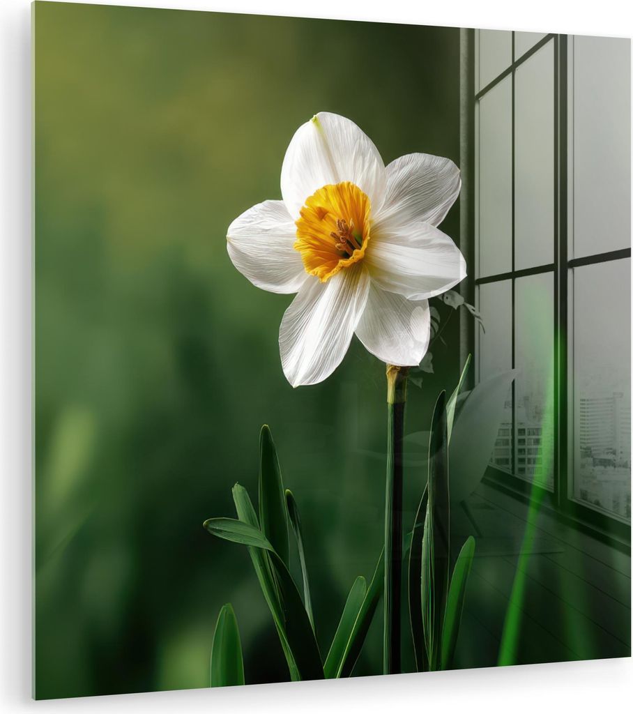 MuchoWow Glasbilder - Bilder auf Wandbild - Foto auf Glas Narzisse - Blume - Weiß - Grashalme 90x90 cm Wanddekoration aus Glas - Acrylglasbild - A...