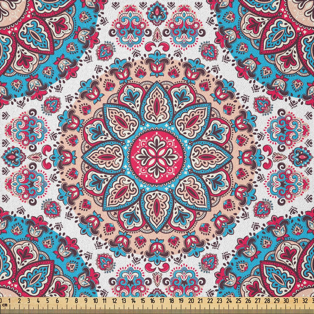 ABAKUHAUS Ethnisch Microfaser Stoff als Meterware , Hennastrauch-Blumenkreis-Paisley-Retro- Kaleidoskop-Bild, 2 M (230 x 200 cm), Türkis Hellrosa