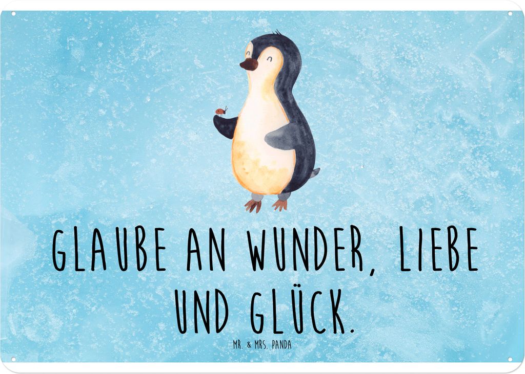 Mr. & Mrs. Panda Wandbild Pinguin Marienkäfer DIN A4 - Eisblau - Geschenk, Blechschild, Metallbild, Wunder, Liebe, Lebensfreude, Kleine, tafel, Gl...
