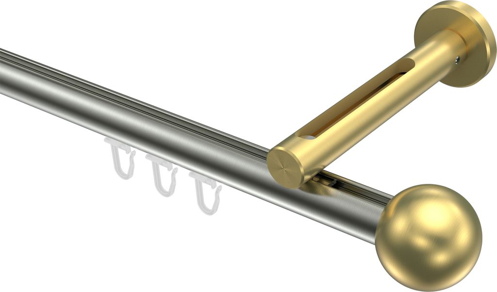 Interdeco Innenlaufstange / Gardinenstange mit Innenlauf Edelstahl-Optik / Messing-Optik, Typ Siteno Luino (Kugel), 20 mm Ø 1-läufig, 240 cm