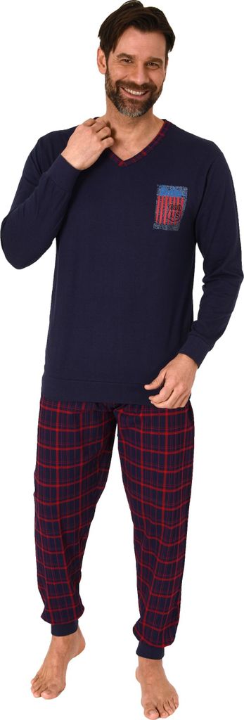 Herren langarm Schlafanzug Pyjama mit Bündchen und karierter Jersey Hose ; navy , 58