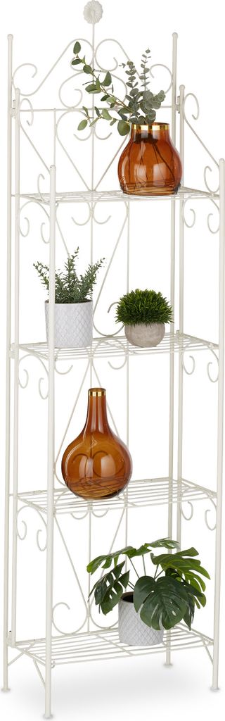 Relaxdays Pflanzenregal, Blumenständer mit 4 Ablagen, HxBxT: 156 x 46 x 25 cm, Metall, klappbar, Blumenregal innen, weiß
