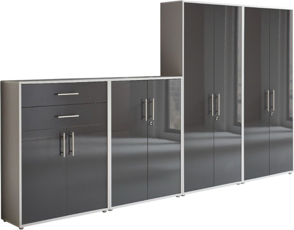 Aktenschrank TABOR 56 in lichtgrau / anthrazit Hochglanz, Schrankwand, Büroschrank, abschließbar, Metallgriffe