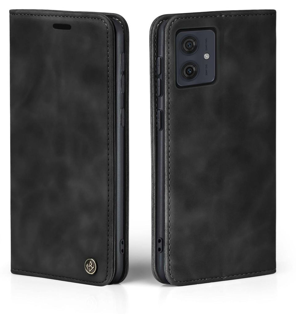 A black flip case for a smartphone is shown from two angles.